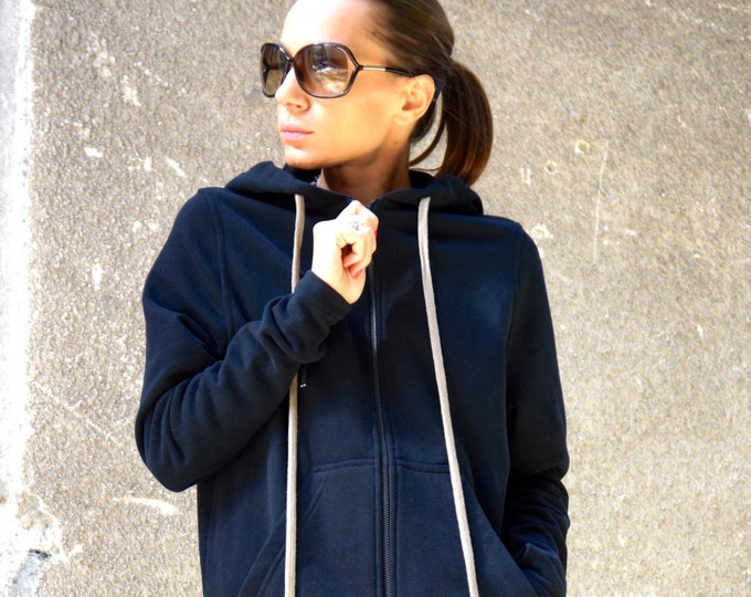 NEW Black Extravagant Maxi Hooded Cotton Top /Extra Long YKK Zipper / Thumb holes  warm Hoodie /Front Pockets  by AAKASHA A08336