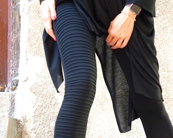 NEW COLLECTION Black Extra Long Leggings / Ribbed One Leg  Front / Viscose Elastic Back Ultra Soft and Comfy Tights by Aakasha A05539