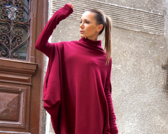 NEW Oversize Burgundy Loose Casual Top / Asymmetric Raglan Long Sleeves Tunic Knit Dress / Maxi Blouse Turtle neck Tunic A02058