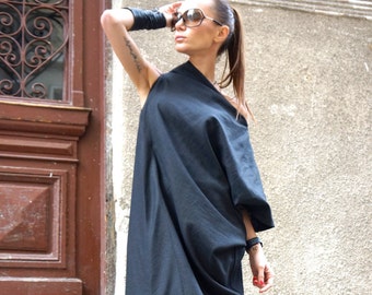 Plus Size Maxi Linen Dress, Black Kaftan Linen Dress, One Shoulder Dress, Extravagant Long  Dress, Party Dress  by AAKASHA A03544