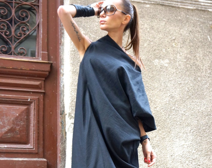 New Maxi Linen Dress / Black Kaftan Linen Dress / One Shoulder Dress / Extravagant Long  Dress / Party Dress  by AAKASHA A03544