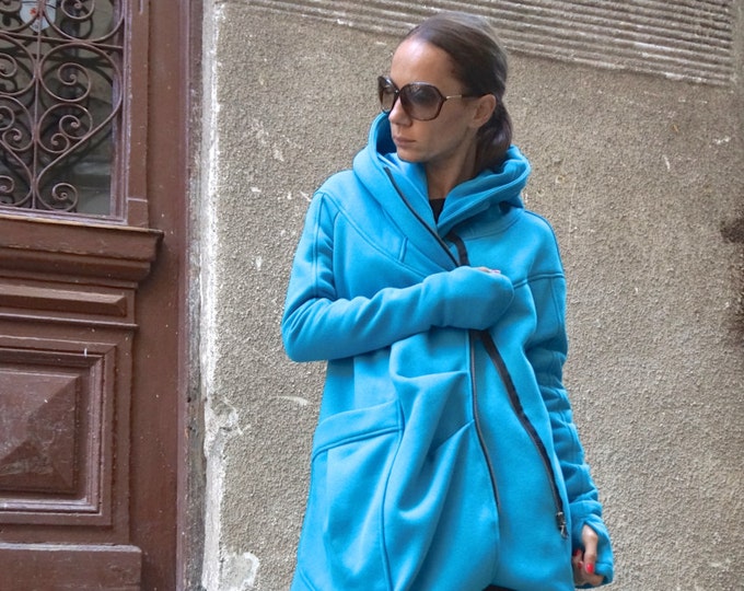 Turquoise Hooded Coat, Asymmetric Cotton Jacket, Thumb Holes