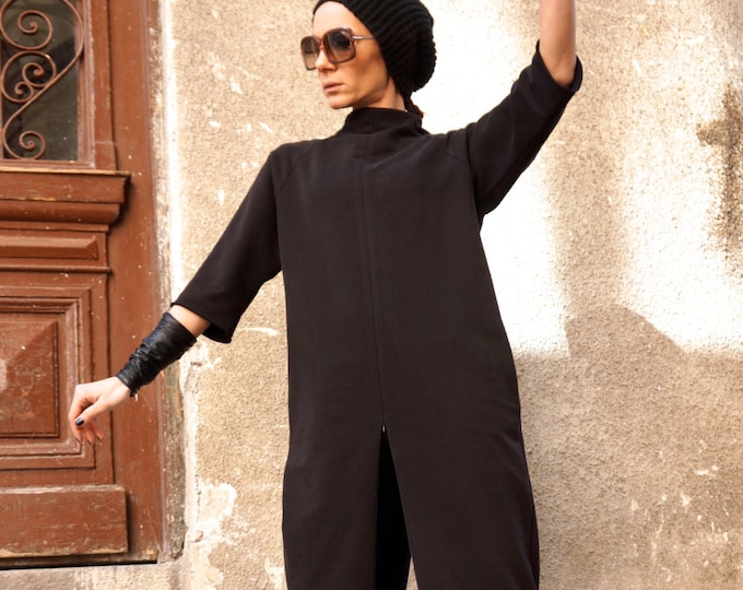 Black Maxi Dress / French Terry Cotton  Zipper Maxi Top with pockets  by AAKASHA A03172
