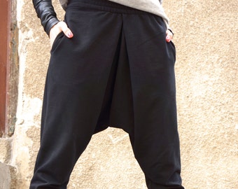 NEW Collection Loose Casual Black Drop Crotch Harem Pants / Extravagant Black Plated Pants/Unisex pants by AKASHA A05339