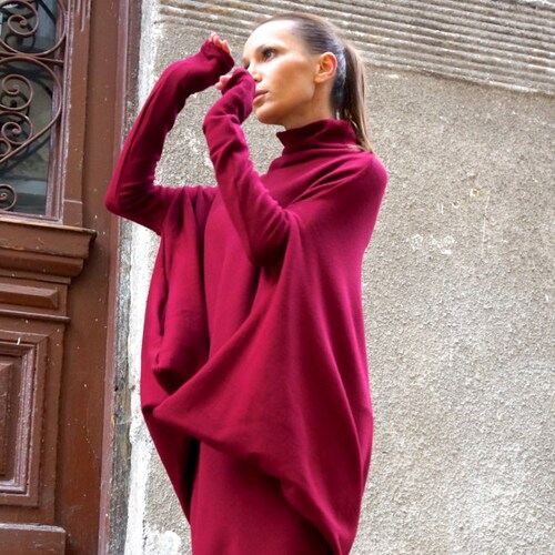 NEW Oversize Burgundy Loose Casual Top / Asymmetric Raglan Long Sleeves Tunic Knit Dress / Maxi Blouse Turtle neck Tunic A02058