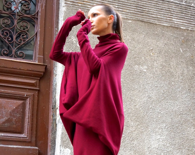 NEW Oversize Burgundy Loose Casual Top / Asymmetric Raglan Long Sleeves Tunic Knit Dress / Maxi Blouse Turtle neck Tunic A02058