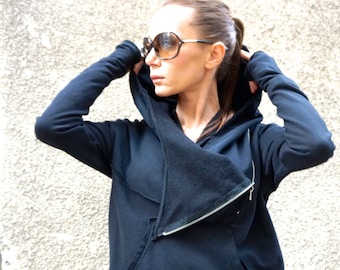 Asymmetric Black Cotton Hooded Sweatshirt, Zipper Detail & Thumb Holes