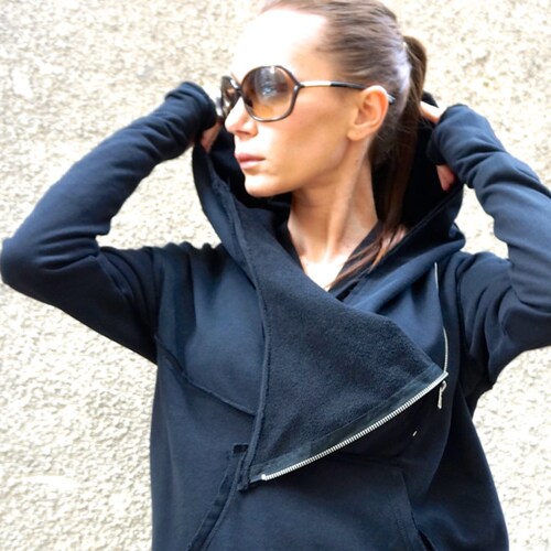 NEW Fall Black Extravagant Asymmetric Cotton Hooded Sweatshirt /Thumb holes Sexy zipper front / Large Front Pocket  by AAKASHA A08533