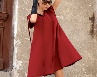 Red Cotton Dress with Side Pockets, Elegant Party Daywear