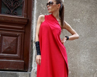 Red Linen Maxi Dress, One Shoulder Party Kaftan