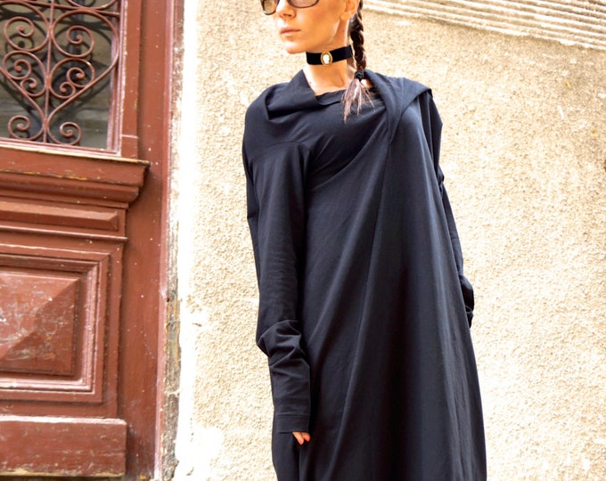 Black Extravarant Maxi Dress /  Cotton  Maxi Tunic / Extra Long Sleeves Asymmetric Black Dress  by AAKASHA A03263
