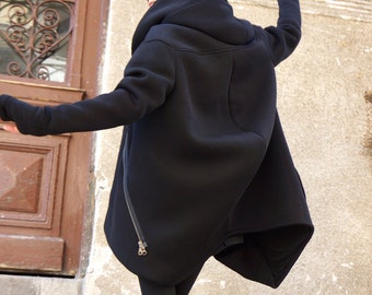 Manteau à capuche noir extravagant asymétrique chaud doublé / Veste en coton doublée matelassée / Passe-pouces / Poches extérieure et intérieure A07177