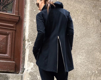 NOUVELLE collection Blazer noir à fermeture éclair / Manteau printemps-été / Blazer extravagant à fermeture éclair asymétrique / Manches extra longues par Aakasha A08371