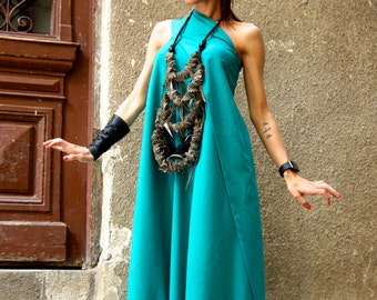 Hot Summer Maxi Dress Pine  Green Linen Dress / One Shoulder Kaftan Dress / Extravagant Long  Dress / Party Dress  by AAKASHA A03144