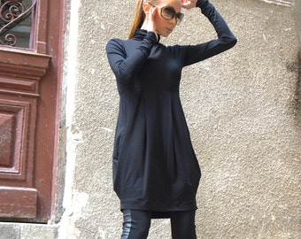 Autumn  Sexy Turtle Neck  Black Tunic Top / Long sleeves with side pockets /Extravagant Cotton Blouse by AAKASHA A02520