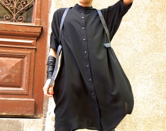 NEW Autumn Hot Black Maxi Loose Shirt / Asymmetric shirt with side pockets / Oversize buttoned  top by AAKASHAA A11296
