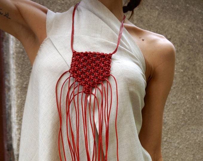 NEW Collection Red Extravagant Genuine Leather Extra Long Macrame Necklace  / HandMade Multi functional Accessory by AAKASHA A16248