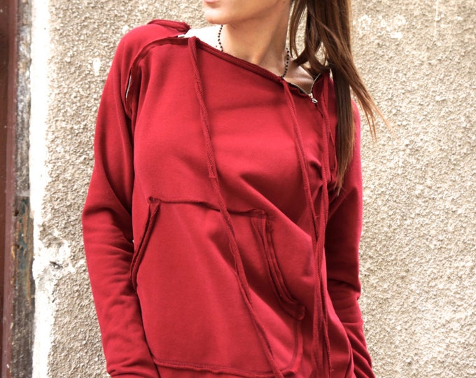 NEW Spring Burgundy  Extravagant  Asymmetric Cotton Sweatshirt /Thumb holes sexy zipper on shoulders / Front Pocket  by AAKASHA A08310