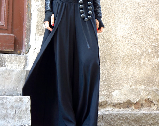 Loose Black Pants / Wide NEW Wide Leg Pants / Soft Light Viscose Textile Trousers/ Side pockets Elastic Waist Pants by AAKASHA A05589