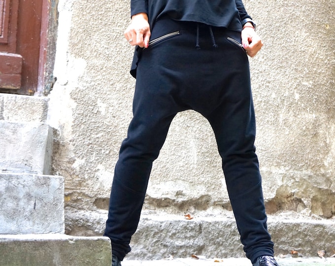 Loose Casual   Drop Crotch Harem Pants / Extravagant Black Pants/ Side zipper pockets Hippie Pants by AAKASHA A05313