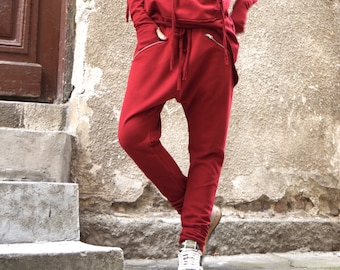 Drop Crotch Harem Pants Cotton Casual Trousers Zipper Front Pockets Loose Fit Joggers