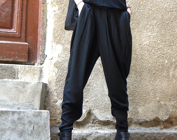 New Loose Black Pants / Wide Leg Pants / Soft Light Viscose Textile Trousers/ Side pockets Asymmetrical Pants by AAKASHA A05548