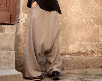 Beige Rayon Harem Pants, Drop Crotch Extravagant Trousers
