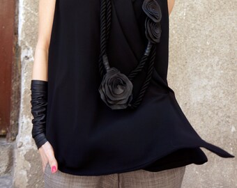 Black Chiffon Asymmetrical Tunic Top, Sleeveless Party Top