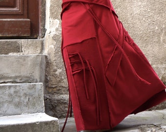 Burgundy Cotton Maxi Skirt, Asymmetrical Patchwork Design