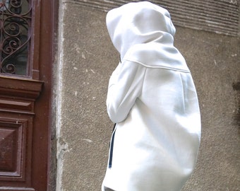 Off White Hooded Quilted Coat: Asymmetric Cotton Lined Jacket Big Front Pocket
