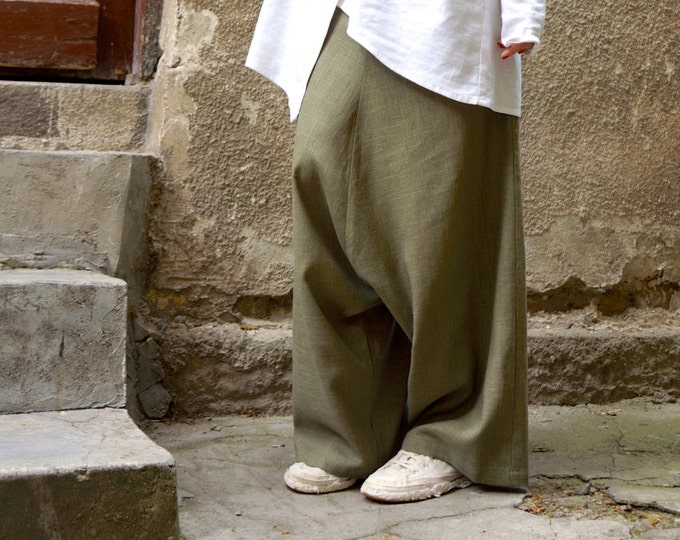 NEW Collection Loose Linen Olive Green Harem Pants / Extravagant Drop Crotch Olive Green Pants Extravagant Trousers by AAKASHA  A05131