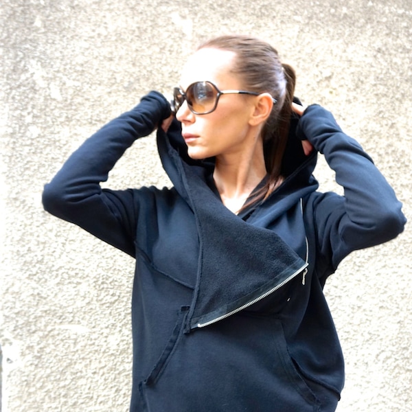 Asymmetric Black Cotton Hooded Sweatshirt, Zipper Detail & Thumb Holes