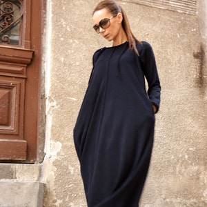 Maxi Dress Black Kaftan Cotton Dress, Fall  Dress with side pockets , Extravagant Cotton Party Dress, Daywear Dress A03377