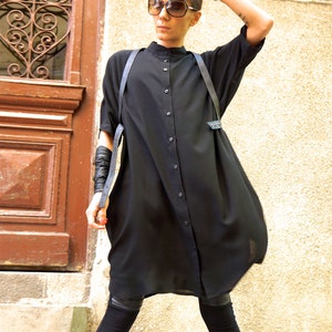 NEW Autumn Hot Black Maxi Loose Shirt / Asymmetric shirt with side pockets / Oversize buttoned  top by AAKASHAA A11296