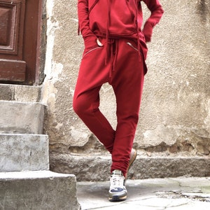 Loose Casual Burgundy Drop Crotch Harem Pants / Extravagant Burgundy Pants /Side zipper pockets / Unique Pants  by AAKASHA A05313