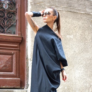 Plus Size Maxi Linen Dress, Black Kaftan Linen Dress, One Shoulder Dress, Extravagant Long  Dress, Party Dress  by AAKASHA A03544