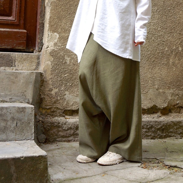 NEW Collection Loose Linen Olive Green Harem Pants / Extravagant Drop Crotch Olive Green Pants Extravagant Trousers by AAKASHA  A05131