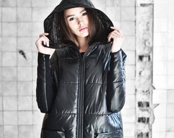 NEW Warm Quilted Large Hooded Jacket/ Black Matte Zipper / Outside Large  Pockets A20700 