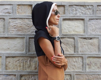 Hooded Maxi Dress, Black and Amber Kaftan Cotton Dress, Side Pockets Dress/Hooded Extravagant Party Dress/Daywear Dress A03484