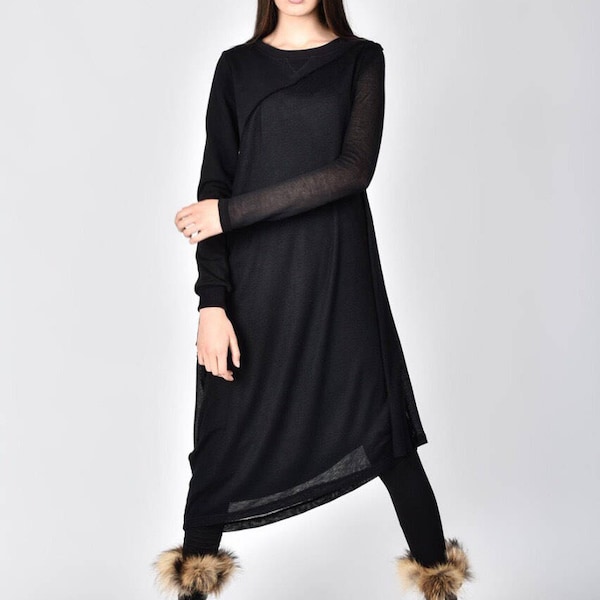 Long Sleeve Mixed Fabric dress / Cotton Maxi Tunic / Asymmetric Flatering Dress by AAKASHA A03778