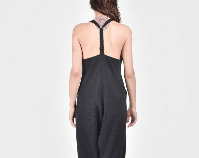 Loose Jumpsuit ,Cut Out Low Crotch Open Back Maxi Jumpsuit / Sexy Adjustable Back  Romper with side pockets by AAKASHA A19677