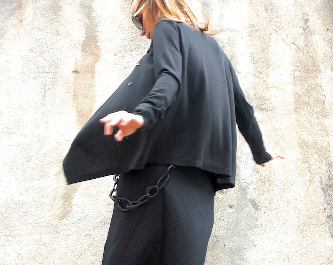 NEW Cotton  Black Knit Vest  / Extravagant Buttoned Asymmetrical Cardigan  / Long sleeves loose vest  by Aakasha A06605