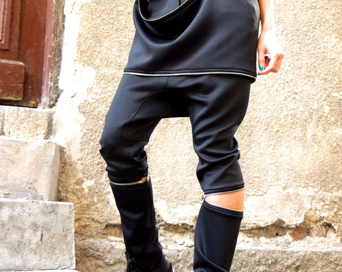 New  NEOPRENE  Black Drop Crotch Harem Zipper Pants / Extravagant Black Pants / Detachable Pants Handmade  by AAKASHA A05175
