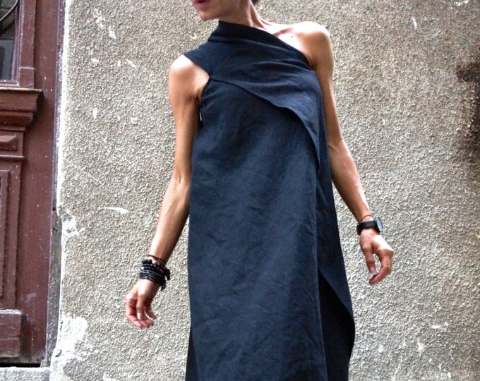 Maxi Dress / Black Kaftan Linen Dress / One Shoulder Dress / Extravagant Long  Dress / Party Dress  by AAKASHA A03144