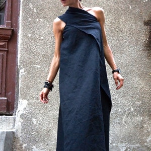 Maxi Dress / Black Kaftan Linen Dress / One Shoulder Dress / Extravagant Long  Dress / Party Dress  by AAKASHA A03144