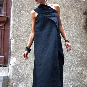 Maxi Linen Dress, Black Kaftan Linen Dress, One Shoulder Dress, Summer Long Dress with side pocket  , Bohemian Linen   by AAKASHA A03144