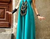 Hot Summer Maxi Dress Pine Green Linen Dress One Shoulder Kaftan Dress Extravagant Long Dress Party Dress by AAKASHA A03144
