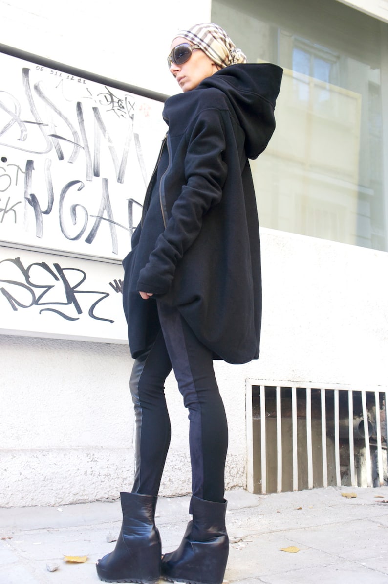 Autumn / Winter Asymmetryc Extravagant Black Hoodded Coat / Wool Coat / Wool Cashmere Blend A07079 image 2