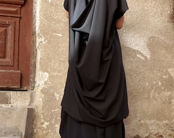 Black Maxi Tunic Dress, Asymmetric Open Back Relaxed Fit