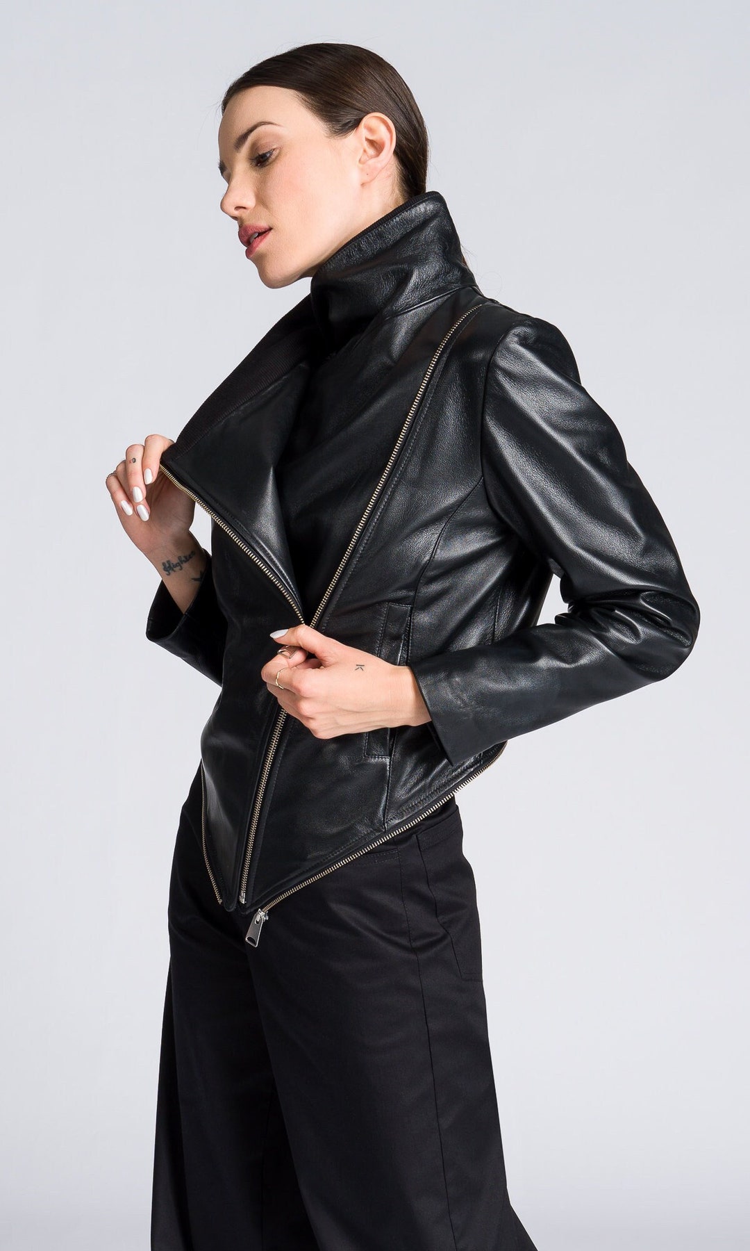 Asymmetric Zipper Leather Jacket A92073 - Etsy